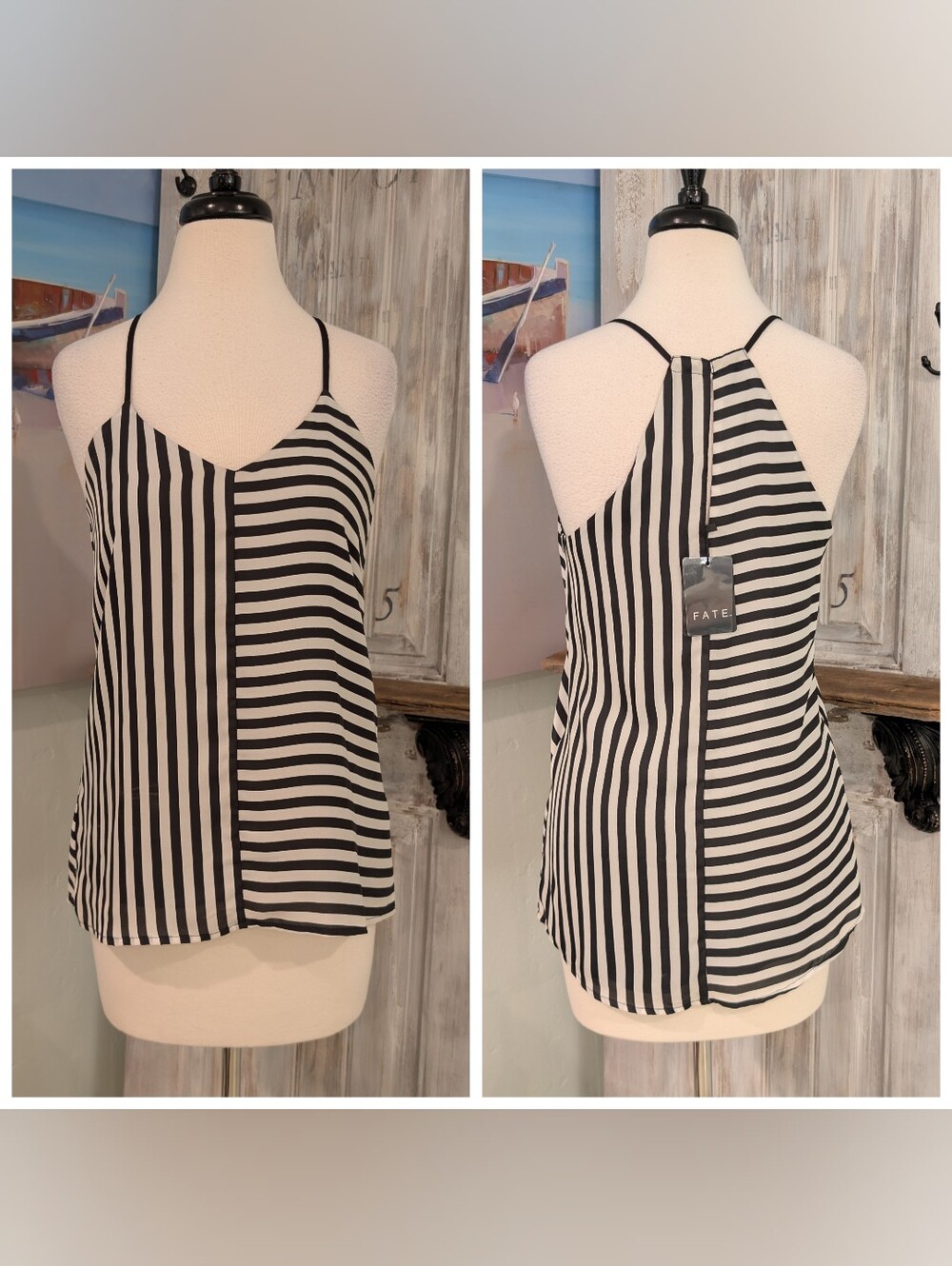 NWT Fate Black & White Striped Racerback Cami